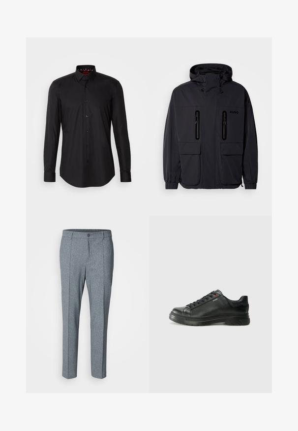 Melna ūdensnecaurlaidīga jaka ar kapuci, divām kabatām ar rāvējslēdzēju krūšu augšdaļā un elastīgām aprocēm. Ievēro minimālistisku dizainu un "HUGO" zīmolu.; Melna garām piedurknēm blūze, izgatavota no gludas auduma. Iekļauj pogājamo apkakli, priekšējas pogas un noapaļotas aproces ar smalku akcentu.; Pelēki pielāgoti bikses ar teksturētu rakstu, taisna kāju dizains, ar vienu pogu aizdari un divām priekšējām kabatām.; Melnas ādas sporta kedas ar teksturētu virsu, mīkstinātu apmalu un sarkanu logotipa detaļu. Iezīmējas ar biezu gumijas zoli ar izteiktu rakstu.