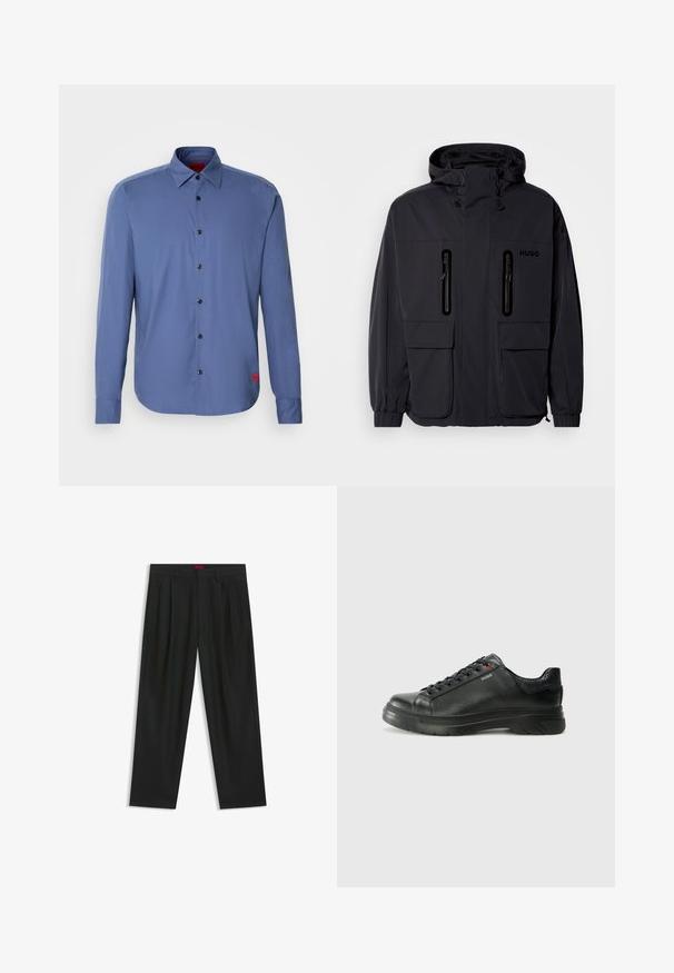 Giacca impermeabile nera con cappuccio, due tasche a zip sul petto e polsini elastici. Presenta un design minimalista e il marchio "HUGO".; Camicia azzurra a maniche lunghe realizzata in tessuto morbido, con chiusura a bottoni sul davanti, bottoni neri e un piccolo logo rosso sul lato sinistro.; Pantaloni neri con un design plissè, forma a gamba larga e texture liscia. Presentano un'etichetta rossa in vita.; Sneaker nera in pelle con superficie testurizzata, collo imbottito e dettaglio logo rosso. Presenta una suola in gomma spessa con un motivo di battistrada distintivo.
