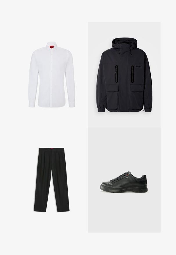 Svart vattentät jacka med huva, två blixtlåsförsedda bröstfickor och elastiska muddar. Har en minimalistisk design och "HUGO"-logotyp.; Vit långärmad skjorta i bomull med knappstängning fram, klassisk krage och subtila texturer, med en röd logotyp på insidan av kragen.; Svarta byxor med vikta detaljer, bred benform och en slät textur. Har en röd midjebandsetikett.; Svart lädersneaker med texturerad ovandel, vadderat krage och röd logotypdetalj. Utrustad med en tjock gummisula med distinkt mönster.