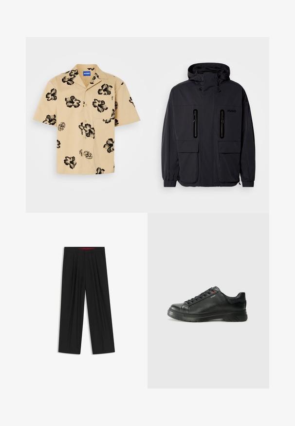 Black waterproof jacket with a hood, two zippered chest pockets, and elastic cuffs. Features minimalistic design and "HUGO" branding.; Short-sleeve beige shirt with black hibiscus flower pattern, a patch pocket, and button-down front. Made from lightweight cotton fabric.; Black wide-leg trousers with a flat front, two side pockets, pleated design, and a contrasting red interior waistband.; Black leather sneaker with textured upper, padded collar, and red logo detail. Features a thick rubber sole with distinct tread pattern.