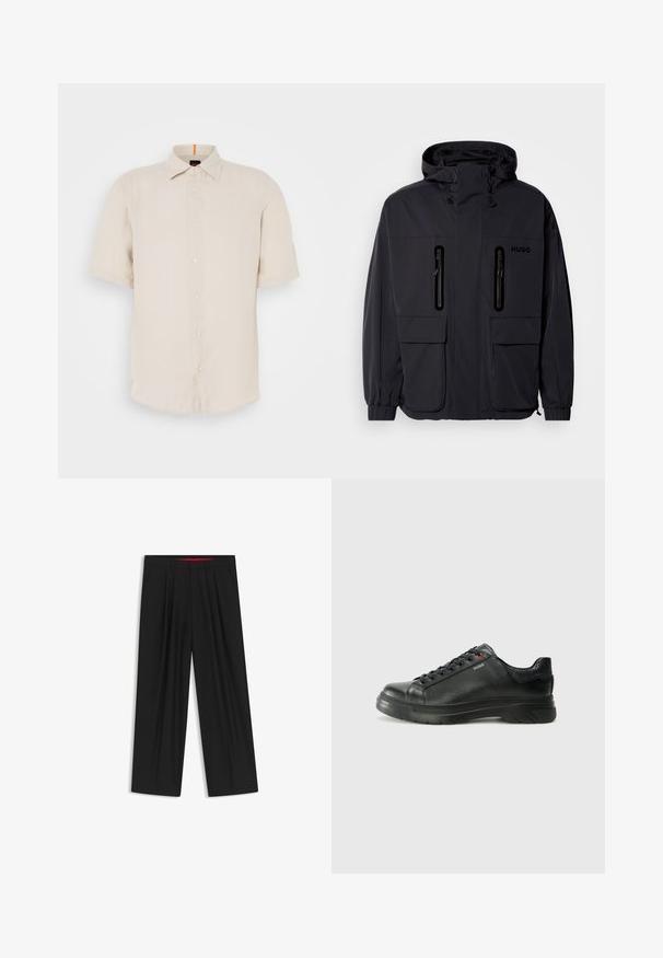 Giacca impermeabile nera con cappuccio, due tasche a zip sul petto e polsini elastici. Presenta un design minimalista e il marchio "HUGO".; Camicia a maniche corte in lino beige chiaro con colletto button-down, bottoni frontali e orlo dritto. Presenta una texture sottile.; Pantaloni neri a gamba larga con fronte piatto, due tasche laterali, design plissettato e un elastico in vita di colore rosso a contrasto.; Sneaker nera in pelle con superficie testurizzata, collo imbottito e dettaglio logo rosso. Presenta una suola in gomma spessa con un motivo di battistrada distintivo.
