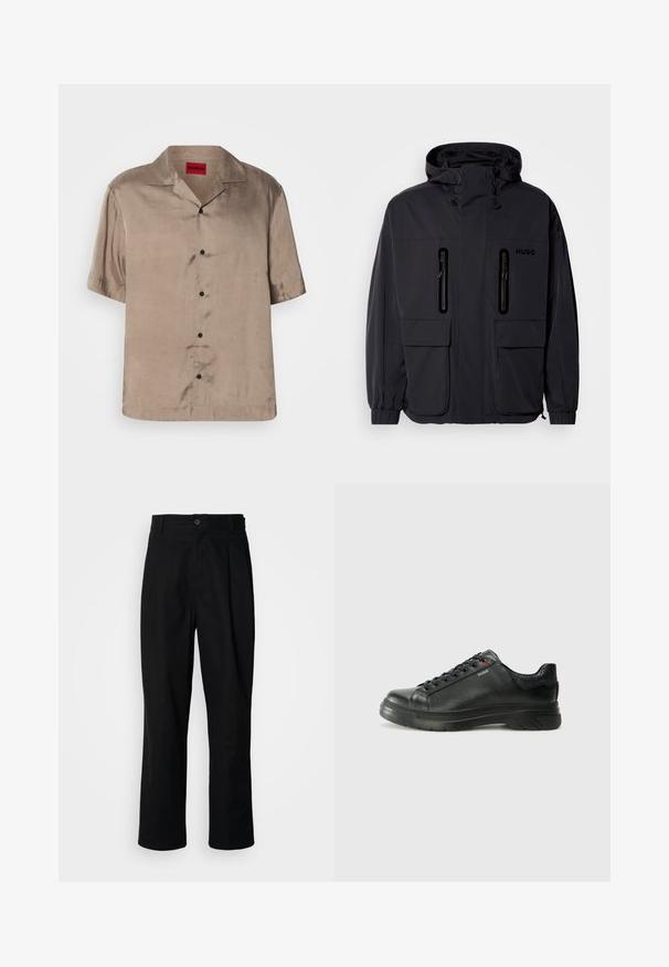 Melna ūdensnecaurlaidīga jaka ar kapuci, divām kabatām ar rāvējslēdzēju krūšu augšdaļā un elastīgām aprocēm. Ievēro minimālistisku dizainu un "HUGO" zīmolu.; Krūšu piedurknēm, gaiši brūna krekls no gludas auduma ar apkakles izgriezumu, satur piecus melnus pogas un taisnu apakšmalu.; Melni taisni bikses ar pogu, jostu cilpiņām un priekšējo krokām, izliktas uz vienkārša balta fona.; Melnas ādas sporta kedas ar teksturētu virsu, mīkstinātu apmalu un sarkanu logotipa detaļu. Iezīmējas ar biezu gumijas zoli ar izteiktu rakstu.
