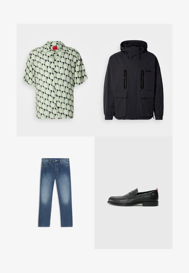 Fekete vízálló dzseki kapucnival, két cipzáras mellzsebbel és rugalmas mandzsettával. Minimalista dizájnnal és "HUGO" logóval ellátva.; Rövid ujjú, gombos ing világos zöld színben, sötétkék, absztrakt levélmintával. Camp gallérja és fekete gombjai vannak. Simán szőtt anyag szerkezete.; Farmert nacik, finom csíkozással, középkék színben, kopott részekkel, egyenes szárú szabással, öt zsebbel és fémből készült gombos záródással.; Fekete bőrcipők, texturált elülső részel és sima oldalakkal. Karcsú sarokkal és hátsó hurkkal könnyű felvételhez. Klasszikus dizájn.