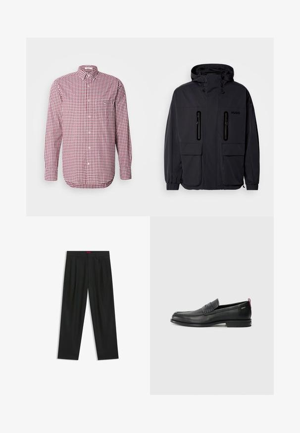 Svart vattentät jacka med huva, två blixtlåsförsedda bröstfickor och elastiska muddar. Har en minimalistisk design och "HUGO"-logotyp.; Röd och vit rutmönstrad skjorta med knapp fram, långärmad, med krage och bröstficka. Tillverkad av lättviktig tyg, med en slät textur.; Svarta byxor med vikta detaljer, bred benform och en slät textur. Har en röd midjebandsetikett.; Svarta läderloafers med en texturerad frontpanel och släta sidor. Utrustade med en smal klack och en bakre ögla för enkel påtagning. Klassisk design.