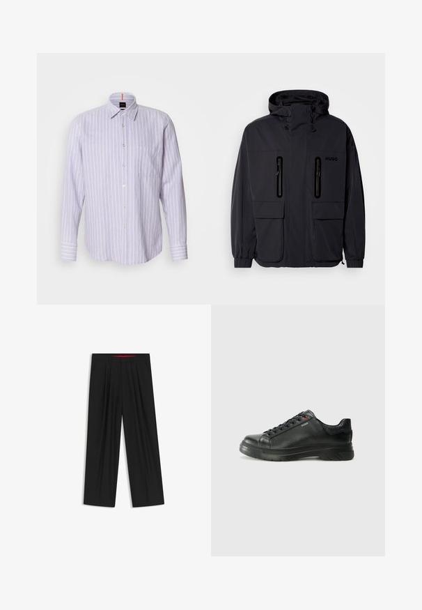 Musta vedenpitävä takki hupulla, jossa on kaksi vetoketjullista rintataskua ja elastiset hihansuut. Ominaisuuksina minimalistinen muotoilu ja "HUGO" -brändäys.; Vaalean violetti raitapaita, jossa napitettava kaulus, pitkät hihat ja tasku vasemmassa rinnassa. Sisältää hienovaraisen logodetailin.; Musta leveälahkeinen housu, jossa on litteä etuosa, kaksi sivupistettä, laskostettu muotoilu ja kontrastivärinen punainen vyötärön sisäosa.; Musta nahkakengät, joissa on teksturoidun pinnan, pehmustettu kaulus ja punainen logo. Kengissä on paksu kumipohja, jossa on selkeä uramalli.