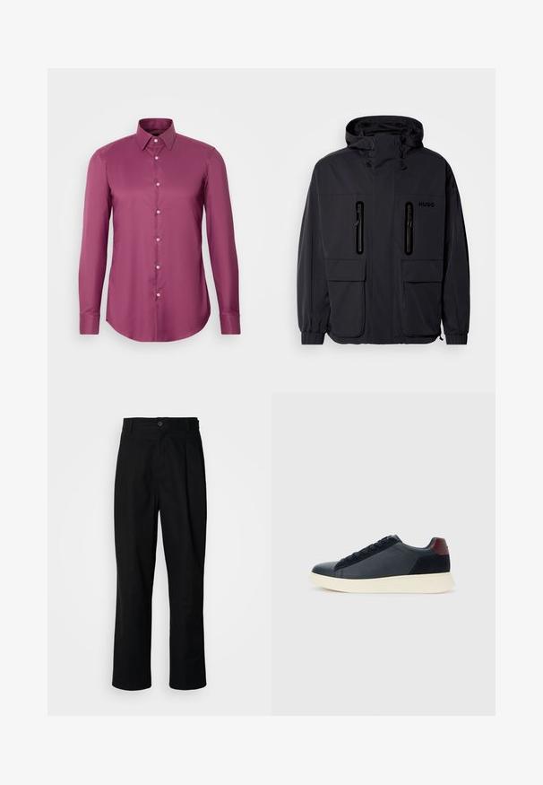 Čierna nepremokavá bunda s kapucňou, dvoma zipsovými náprsními vreckami a elastickými manžetami. Disponuje minimalistickým dizajnom a značkou "HUGO".; BOSS HANK KENT - Košeľa - dark pink; Čierne nohavice s rovnými nohavicami, s gombíkovým pásom, pútkami na opasok a predným záhybom, vystavené na jednoduchej bielej pozadí.; Pánske nízkopoložené tenisky z čiernej kože a semisuku s vínovým pätovým pásikom a bielou gumovou podrážkou, zobrazené z vonkajšej strany.