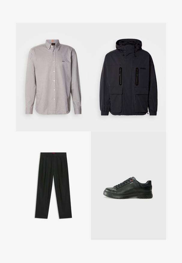 Schwarze wasserdichte Jacke mit Kapuze, zwei mit Reißverschluss versehenen Brusttaschen und elastischen Bündchen. Verfügt über ein minimalistisches Design und "HUGO"-Branding.; Hellgraues Hemd mit Knopfleiste aus leichtem Stoff, ausgestattet mit einem Kragen, langen Ärmeln und einem kleinen gestickten Logo auf der Brust.; Schwarze Hose mit einem gefältelten Design, weiter Beinform und glatter Textur. Verfügt über ein rotes Taillenlabel.; Schwarze Leder-Sneaker mit strukturiertem Obermaterial, gepolstertem Kragen und rotem Logo-Detail. Verfügt über eine dicke Gummisohle mit markantem Profil.