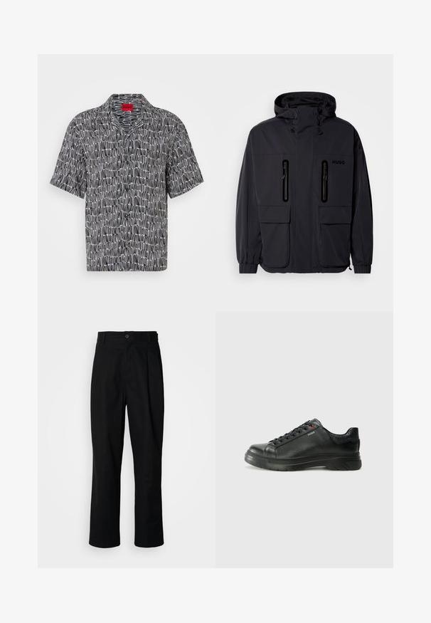 Čierna nepremokavá bunda s kapucňou, dvoma zipsovými náprsními vreckami a elastickými manžetami. Disponuje minimalistickým dizajnom a značkou "HUGO".; Krátky rukáv, čierno-biely vzorovaný košeľový top s klobúkovým golierom a voľným strihom. Obsahuje geometrický vzor a červený štítok HUGO na golieri.; Čierne nohavice s rovnými nohavicami, s gombíkovým pásom, pútkami na opasok a predným záhybom, vystavené na jednoduchej bielej pozadí.; Čierna kožená teniska s textúrovaným vrchom, polstrovaným golierom a červeným logom. Obsahuje hrubú gumovú podrážku s výrazným vzorom.