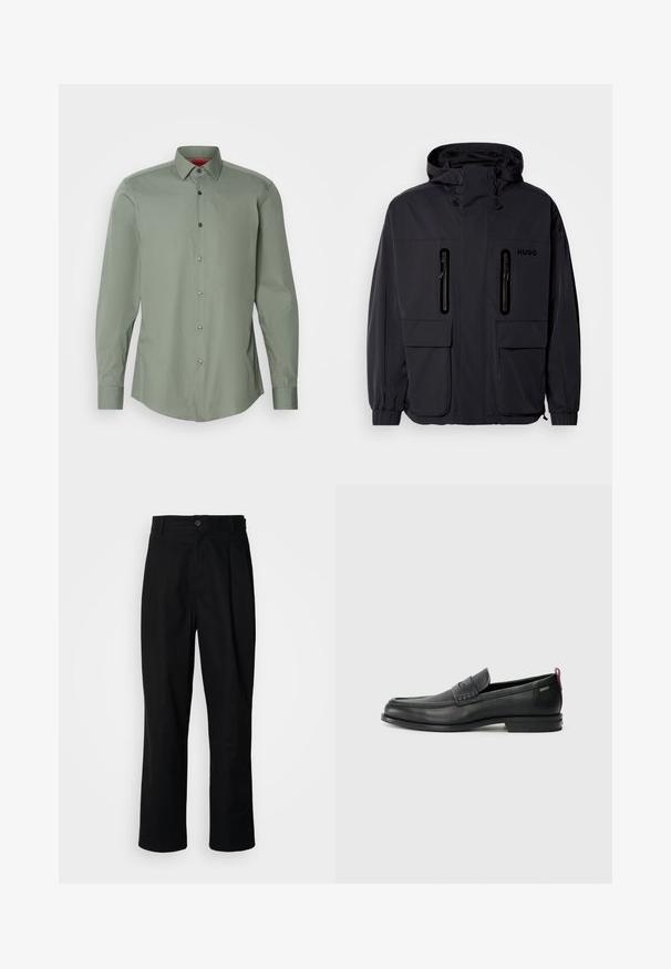 Veste imperméable noire avec capuche, deux poches poitrine zippées et poignets élastiques. Présente un design minimaliste et un logo "HUGO".; Chemise à manches longues en vert doux, en tissu léger. Comprend un col boutonné, des boutons gris et un ourlet arrondi.; Pantalons noirs à jambes droites avec une taille à bouton, passants de ceinture et pli avant, présentés sur un fond blanc uni.; Mocassins en cuir noir avec un panneau avant texturé et des côtés lisses. Équipés d'un talon fin et d'une boucle à l'arrière pour un enfilage facile. Design classique.