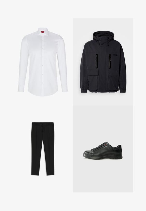 Sort vandtæt jakke med hætte, to lynlås-lommer på brystet og elastiske manchetter. Har et minimalistisk design og "HUGO" branding.; Hvid langærmet skjorte med knaplukning lavet af glat bomuld. Har en klassisk krave, fuld knaplukning og afrundet nederkant.; Sorte bukser med snor i taljen, plisseret front, tætsiddende ben og glat stoffets tekstur. Ingen yderligere mønstre eller detaljer.; Sorte lædersneakers med tekstureret overdel, polstret krave og rødt logo-detajle. Har en tyk gummisål med tydeligt mønster.