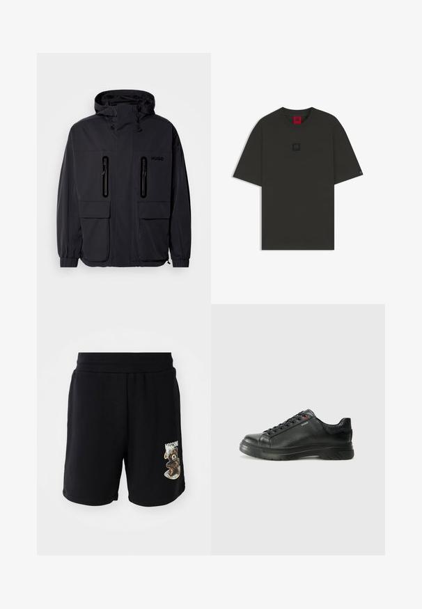 Black waterproof jacket with a hood, two zippered chest pockets, and elastic cuffs. Features minimalistic design and "HUGO" branding.; Dark green short-sleeve t-shirt made of cotton, featuring a square black logo patch on the chest and a red tag inside the neckline.; Black cotton shorts with elastic waistband, featuring a bear graphic and "Moschino" text on the left leg. Smooth texture, knee-length design.; Black leather sneaker with textured upper, padded collar, and red logo detail. Features a thick rubber sole with distinct tread pattern.
