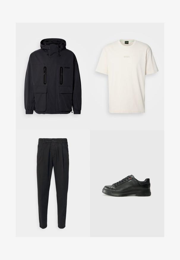 Juodas vandeniui atsparus džemperis su kapišonu, dviem užtrauktukais uždaromomis krūtinės kišenėmis ir elastingais rankogaliais. Išsiskiria minimalistiniu dizainu ir "HUGO" prekės ženklo žyme.; BOSS TEE - Paprasti marškinėliai - open white; Juodos kelnės su priekiniais raukiniais, siaurėjančiomis kojomis ir mygtuko užsegimu ties juosmeniu. Pagamintos iš lygaus audinio su vienoda tekstūra.; Juodos odinės sportinės bateliai su tekstūruota viršutine dalimi, paminkštinta apykakle ir raudonu logotipo akcentu. Yra storas guminis padas su išskirtiniu protektoriaus raštu.