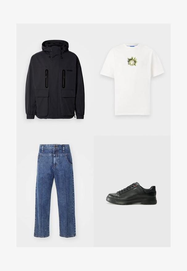 Casaco impermeável preto com capuz, duas bolsas de peito com fecho éclair e punhos elásticos. Apresenta um design minimalista e a marca "HUGO".; T-shirt de algodão branco com uma estampa de uma cara sorridente rodeada por espinhos verdes. Mangas curtas e decote redondo.; Calças de ganga azuis com um ajuste relaxado, pernas retas, bolsos frontais e fecho com botão. Apresenta detalhes de costura mínimos.; Sapatilha preta em couro com parte superior texturizada, colarinho acolchoado e detalhe do logótipo vermelho. Apresenta uma sola de borracha espessa com padrão de pisada distinto.