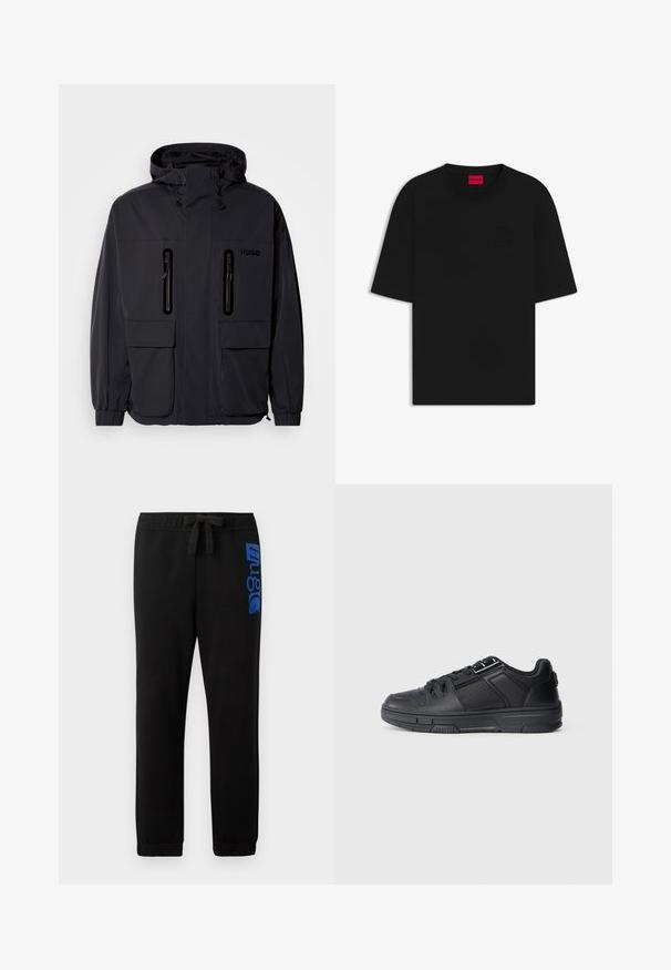Black waterproof jacket with a hood, two zippered chest pockets, and elastic cuffs. Features minimalistic design and "HUGO" branding.; Black short-sleeve t-shirt made from cotton, features a crew neck and embossed logo on the front, with a relaxed, loose fit.; Black sweatpants made of cotton blend, featuring an elastic waistband with a drawstring and a blue logo printed on the left leg.; Black athletic shoe featuring a smooth leather upper, textured accents, perforated details, and a rubber sole with a flat profile.