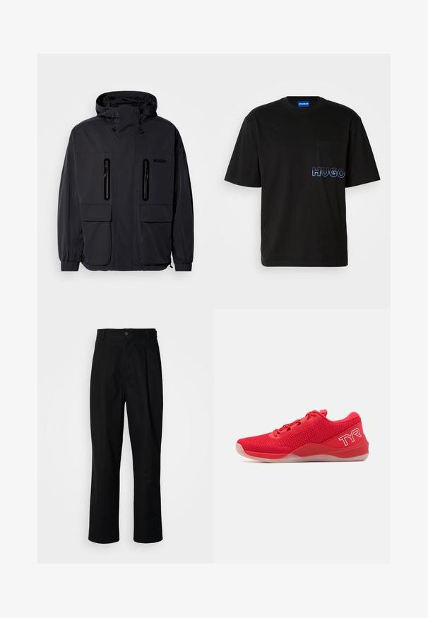 Black waterproof jacket with a hood, two zippered chest pockets, and elastic cuffs. Features minimalistic design and "HUGO" branding.; Black cotton t-shirt with a crew neckline, featuring a left chest pocket and blue embroidered "HUGO" text on the front. Classic fit.; Black straight-leg trousers with a buttoned waistband, belt loops, and front crease, displayed against a plain white background.; TYR CXT2 - Training shoe - red/white