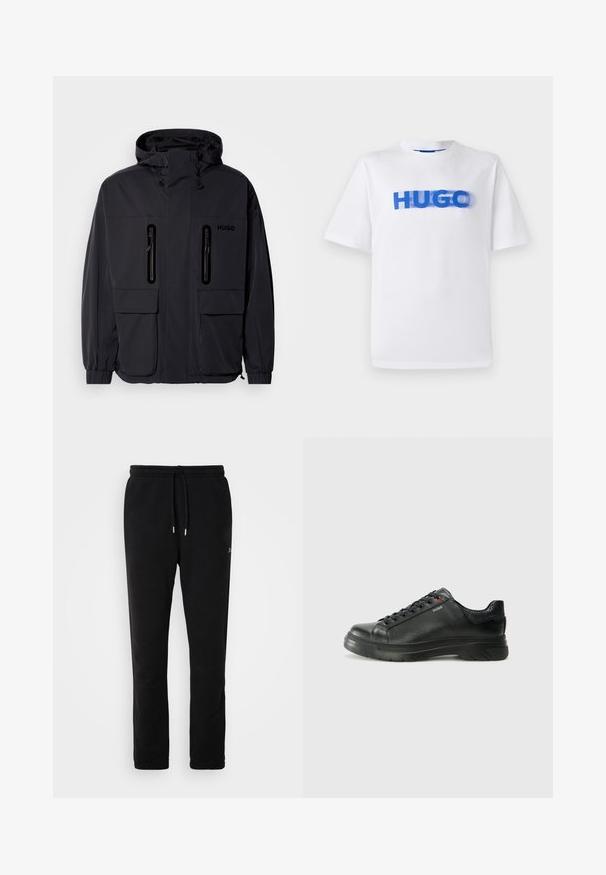 Černá voděodolná bunda s kapucí, dvěma zipovými kapsami na hrudi a elastickými manžetami. Vyznačuje se minimalistickým designem a značkovým logem "HUGO".; Bílý bavlněný tričko s kulatým výstřihem, na přední straně s velkým modrým grafickým nápisem "HUGO", mírně rozmazaným efektem.; Černé tepláky vyrobené z měkké bavlny, s pasem na šňůrku, zúženými nohavicemi a minimálním brandingem v decentním designu.; Černé kožené tenisky s texturovaným svrškem, polstrovaným límcem a červeným logem. Disponují tlustou gumovou podrážkou s výrazným vzorem.