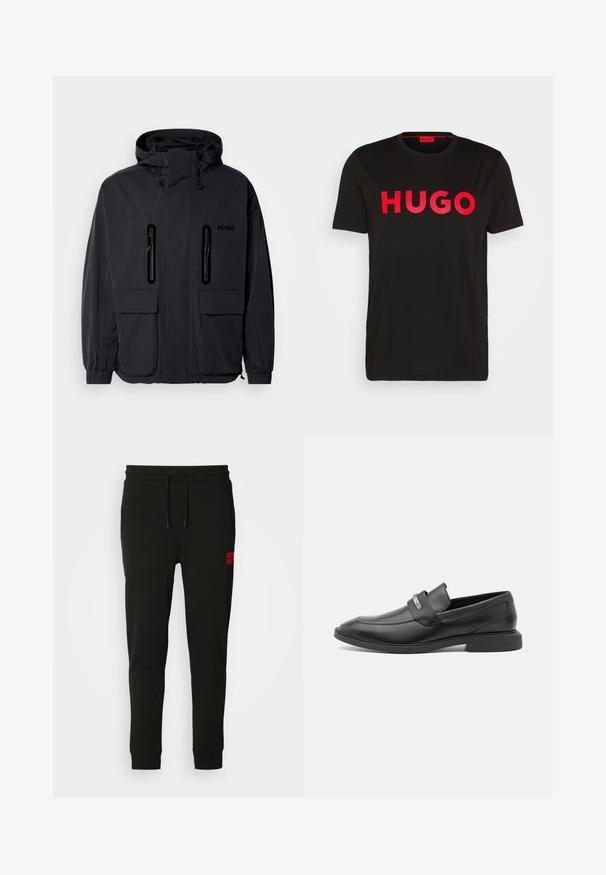 Svart vanntett jakke med hette, to glidelåslommer på brystet og elastiske mansjetter. Har et minimalistisk design og "HUGO"-merke.; Svart bomull T-skjorte med fet rød "HUGO" tekst foran, korte ermer, rund hals og avslappet passform.; Sorte joggebukser laget av myk stoff, med snor i midjen, slim fit, og en rød logo-pute på venstre lår.; Sorte lærloafers med en glat overflade, der har en rem over vristen og en diskret metalaccent. Lavprofil gummisål.