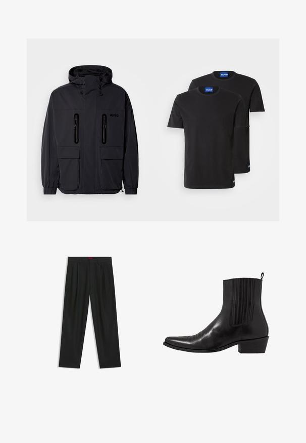 Black waterproof jacket with a hood, two zippered chest pockets, and elastic cuffs. Features minimalistic design and "HUGO" branding.; Two black cotton T-shirts with round necklines, short sleeves, and blue "HUGO" labels on the collars and side hems.; Black trousers with a pleated design, wide leg shape, and a smooth texture. Features a red waistband tag.; Black leather ankle boot with a pointed toe, elastic side panels, vertical stitching accents, and a low block heel.