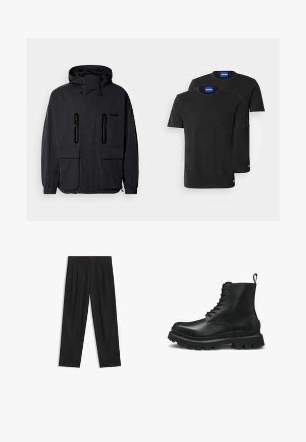 Giacca impermeabile nera con cappuccio, due tasche a zip sul petto e polsini elastici. Presenta un design minimalista e il marchio "HUGO".; Due magliette di cotone nere con scollatura rotonda, maniche corte e etichette blu "HUGO" sui colli e sui bordi laterali.; Pantaloni neri con un design plissè, forma a gamba larga e texture liscia. Presentano un'etichetta rossa in vita.; Stivale alla caviglia in pelle nera con punta rotonda, lacci frontali, fascetta per il sollevamento e suola in gomma robusta. Texture liscia con dettagli di cucitura minimi.