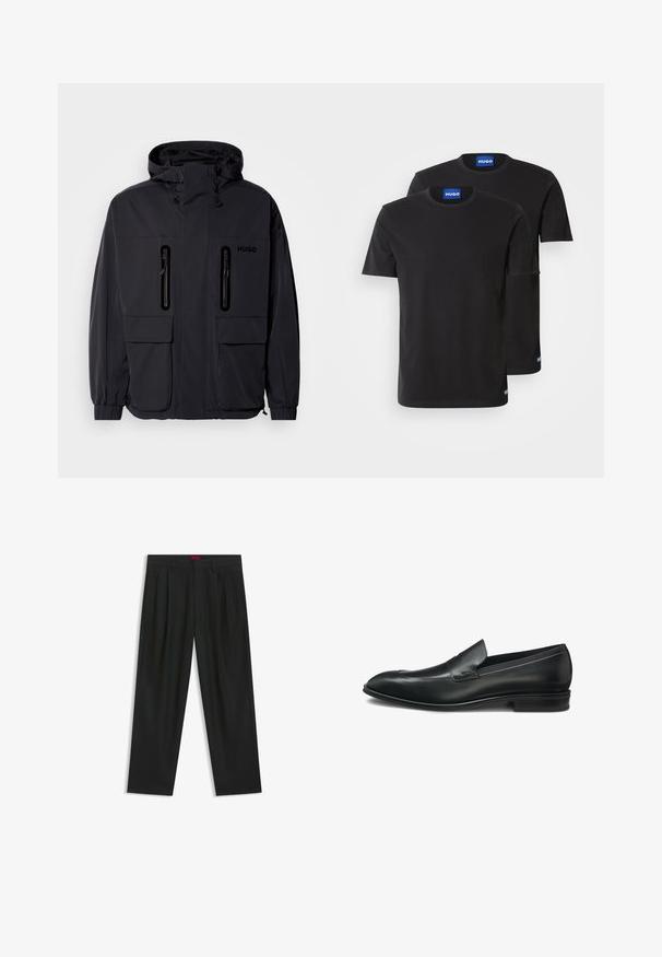 Black waterproof jacket with a hood, two zippered chest pockets, and elastic cuffs. Features minimalistic design and "HUGO" branding.; Two black cotton T-shirts with round necklines, short sleeves, and blue "HUGO" labels on the collars and side hems.; Black trousers with a pleated design, wide leg shape, and a smooth texture. Features a red waistband tag.; Black leather loafers with a sleek design, rounded toe, and subtle stitching details. Low black heel and smooth texture.
