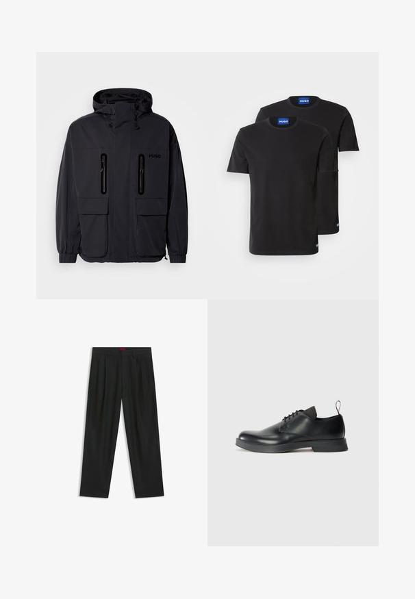 Giacca impermeabile nera con cappuccio, due tasche a zip sul petto e polsini elastici. Presenta un design minimalista e il marchio "HUGO".; Due magliette di cotone nere con scollatura rotonda, maniche corte e etichette blu "HUGO" sui colli e sui bordi laterali.; Pantaloni neri con un design plissè, forma a gamba larga e texture liscia. Presentano un'etichetta rossa in vita.; Scarpa stringata in pelle nera con finitura liscia, punta arrotondata e design minimalista. Caratterizzata da un sottile tassello a contrasto e suola in gomma.