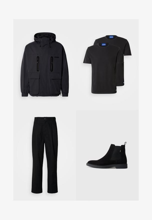 Musta vedenpitävä takki hupulla, jossa on kaksi vetoketjullista rintataskua ja elastiset hihansuut. Ominaisuuksina minimalistinen muotoilu ja "HUGO" -brändäys.; Kaksi mustaa puuvillapaitaa, joissa on pyöreät kaula-aukot, lyhyet hihat ja siniset "HUGO" -tarrat kaula-aukossa ja sivusaumassa.; Mustat suorat housut napillisella vyötäröllä, vyölenkeillä ja etukaanneksilla, esitelty vaaleaa taustaa vasten.; Musta mokkanahka Chelsea-bootsit, joissa on elastiset sivupaneelit, pyöreä kärki ja matala kumipohja. Takana on vetonauha, joka helpottaa pukemista.