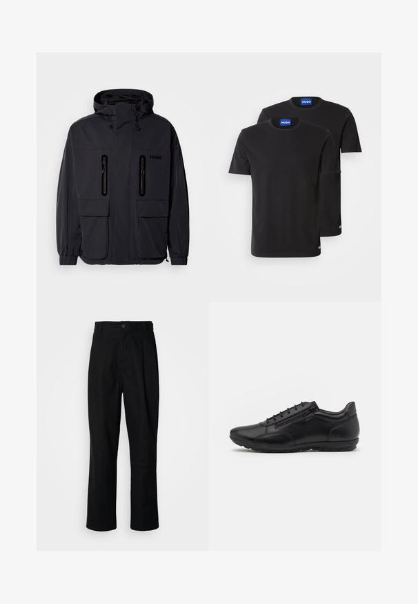 Giacca impermeabile nera con cappuccio, due tasche a zip sul petto e polsini elastici. Presenta un design minimalista e il marchio "HUGO".; Due magliette di cotone nere con scollatura rotonda, maniche corte e etichette blu "HUGO" sui colli e sui bordi laterali.; Pantaloni neri a gamba dritta con vita con bottoni, passanti per cintura e piega frontale, esposti su uno sfondo bianco semplice.; Scarpe in pelle nera con un design elegante, dotate di una cerniera laterale e lacci, texture liscia e suola in gomma flessibile.