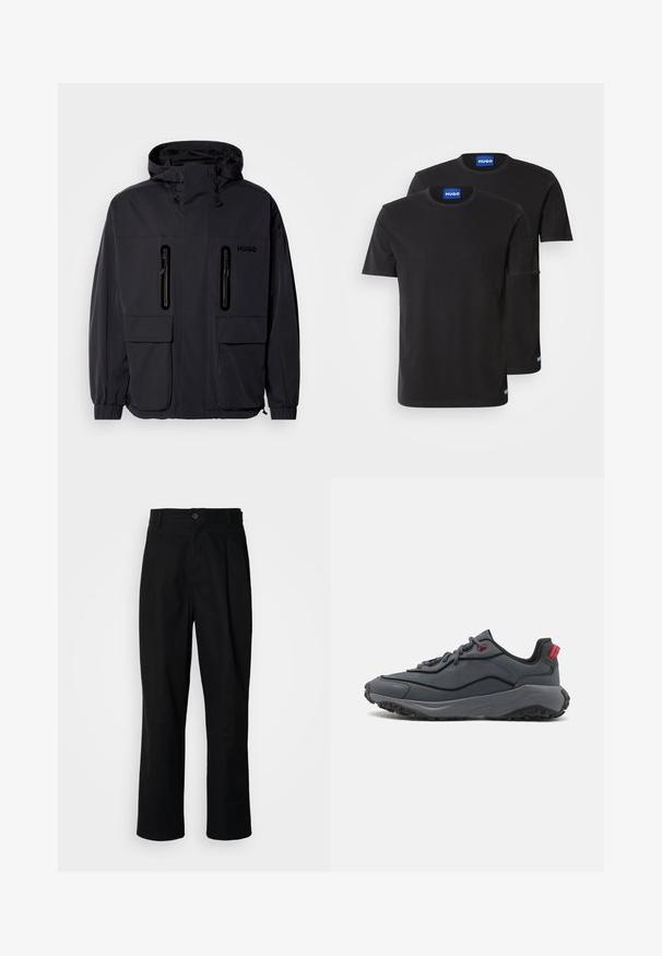 Black waterproof jacket with a hood, two zippered chest pockets, and elastic cuffs. Features minimalistic design and "HUGO" branding.; Two black cotton T-shirts with round necklines, short sleeves, and blue "HUGO" labels on the collars and side hems.; Black straight-leg trousers with a buttoned waistband, belt loops, and front crease, displayed against a plain white background.; HUGO GO1ST - Trainers - charcoal