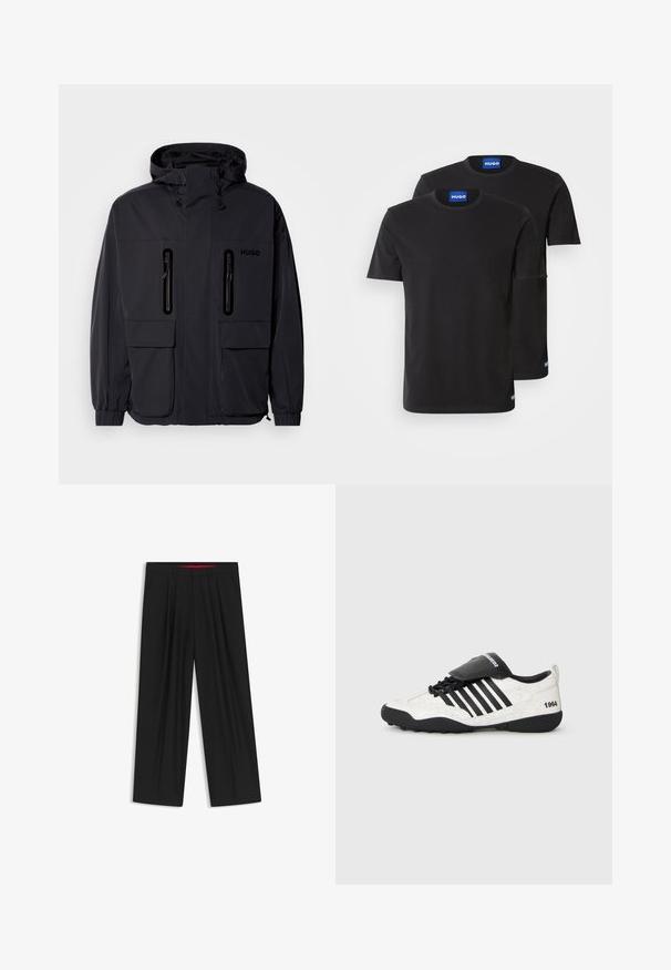 Veste imperméable noire avec capuche, deux poches poitrine zippées et poignets élastiques. Présente un design minimaliste et un logo "HUGO".; Deux T-shirts en coton noirs avec encolures rondes, manches courtes et étiquettes bleues "HUGO" sur les cols et les ourlets latéraux.; Pantalons larges noirs avec une taille plate, deux poches latérales, un design plissé et une ceinture intérieure contrastante rouge.; Baskets avec une texture blanche craquelée, des accents noirs, cinq rayures horizontales, et une languette rembourrée noire étiquetée "1984". Semelle en caoutchouc noire.