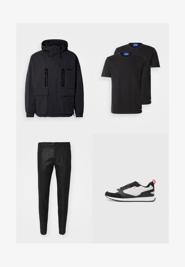 Svart vanntett jakke med hette, to glidelåslommer på brystet og elastiske mansjetter. Har et minimalistisk design og "HUGO"-merke.; To svarte bomulls T-skjorter med rund hals, korte ermer og blå "HUGO" merker på kragene og sidene.; Sorte bukser med en shiny, struktureret overflade. Skræddersyet design, tætsiddende pasform, med knaplukning og bæltestropper.; Svarte og hvite joggesko med overdel i semsket skinn og mesh, med en rød løftestropp og teksturert såle. Snøring med logo-detalj.