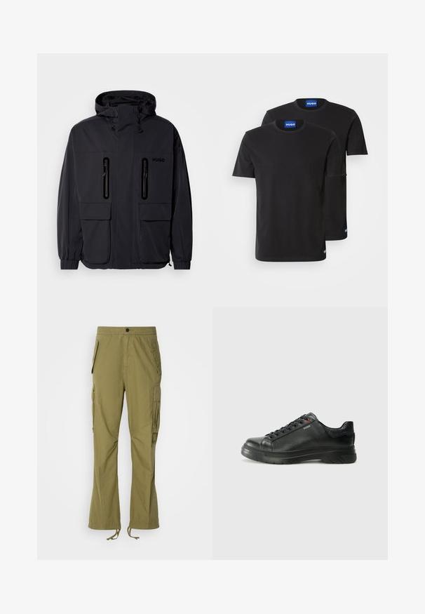 Melna ūdensnecaurlaidīga jaka ar kapuci, divām kabatām ar rāvējslēdzēju krūšu augšdaļā un elastīgām aprocēm. Ievēro minimālistisku dizainu un "HUGO" zīmolu.; Divas melnas kokvilnas T-kreklus ar apaļiem kakla izgriezumiem, īsām piedurknēm un ziliem "HUGO" uzrakstiem uz apkaklēm un sānu malām.; Olīvu zaļas cargo bikses ar elastīgu jostu, sānu kabatām un regulējamiem sašuvjiem uz piedurknēm. Viegls audums ar gludu tekstūru.; Melnas ādas sporta kedas ar teksturētu virsu, mīkstinātu apmalu un sarkanu logotipa detaļu. Iezīmējas ar biezu gumijas zoli ar izteiktu rakstu.