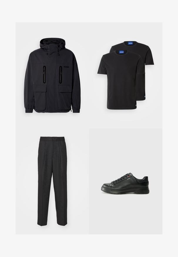 Crna vodoodbojna jakna s kapuljačom, dva ziperirana džepa na prsima i elastičnim manžetama. Ima minimalistički dizajn i "HUGO" logo.; Dvije crne pamučne majice s okruglim izrezima, kratkim rukavima i plavim oznakama "HUGO" na ovratnicima i bočnim rubovima.; Crne hlače s pojasom koji uključuje elastiku i kopčanje na gumb, s diskretnim uzorkom koji se proteže duž tkanine.; Crne kožne tenisice s teksturiranim gornjim dijelom, podstavljenim ovratnikom i crvenim logotipom. Imaju debeli gumeni potplat s izraženim uzorkom.