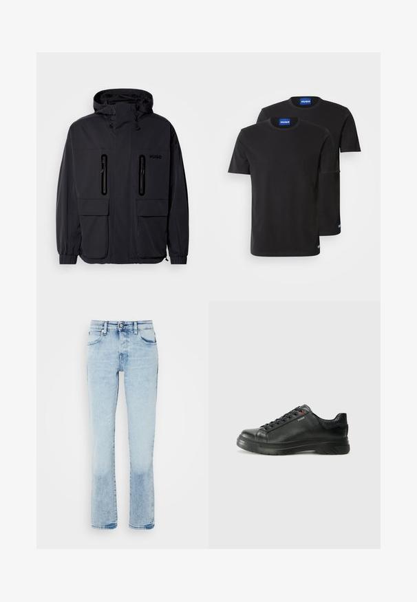 Black waterproof jacket with a hood, two zippered chest pockets, and elastic cuffs. Features minimalistic design and "HUGO" branding.; Two black cotton T-shirts with round necklines, short sleeves, and blue "HUGO" labels on the collars and side hems.; Light blue denim jeans with a straight-leg design, five pockets, subtle whiskering, and a slightly faded texture at the hem.; Black leather sneaker with textured upper, padded collar, and red logo detail. Features a thick rubber sole with distinct tread pattern.