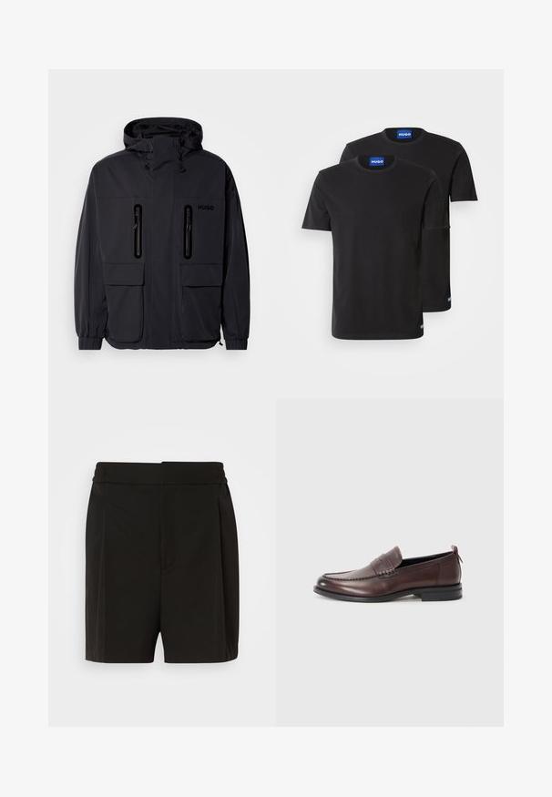 Fekete vízálló dzseki kapucnival, két cipzáras mellzsebbel és rugalmas mandzsettával. Minimalista dizájnnal és "HUGO" logóval ellátva.; Két fekete pamut póló kerek nyakkivágással, rövid ujjakkal és kék "HUGO" felirattal a gallérokon és az oldalsó szegélyeken.; Fekete rövidnadrág sima anyagból, pletykás elülső dizájnnal és rugalmas derékkal. Egyenes szabású lábak biztosítják a laza fitet.; Barna bőr loafer cipők lekerekített orral, varrott részletekkel és egy kis piros részlettel a sarkon. Lapos gumitalp.