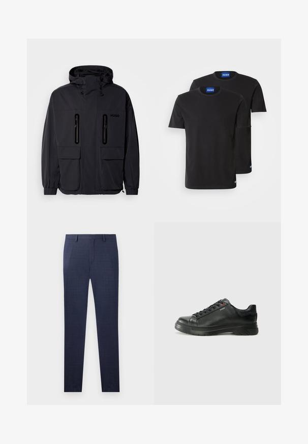 Giacca impermeabile nera con cappuccio, due tasche a zip sul petto e polsini elastici. Presenta un design minimalista e il marchio "HUGO".; Due magliette di cotone nere con scollatura rotonda, maniche corte e etichette blu "HUGO" sui colli e sui bordi laterali.; Pantaloni blu navy con un delicato motivo a quadri, realizzati in un tessuto liscio con una vestibilità elegante e gambe dritte, senza hardware visibile.; Sneaker nera in pelle con superficie testurizzata, collo imbottito e dettaglio logo rosso. Presenta una suola in gomma spessa con un motivo di battistrada distintivo.