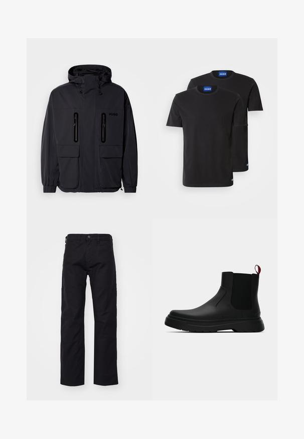 Casaco impermeável preto com capuz, duas bolsas de peito com fecho éclair e punhos elásticos. Apresenta um design minimalista e a marca "HUGO".; Duas t-shirts de algodão pretas com golas redondas, mangas curtas e etiquetas azuis "HUGO" nas golas e nas laterais.; Calças de lona pretas com um design de perna reta, apresentando um fecho frontal com botão, passantes para cinto e bolsos laterais. A textura é suave e durável.; Botim preto até ao tornozelo com um acabamento liso, painéis laterais elásticos e uma pega vermelha em contraste, com uma sola de borracha espessa e bico arredondado.