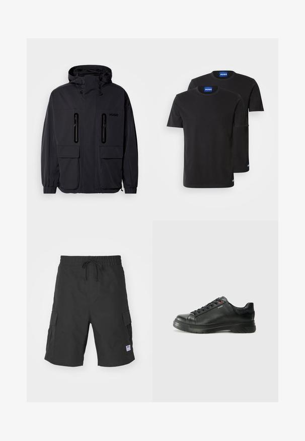 Juodas vandeniui atsparus džemperis su kapišonu, dviem užtrauktukais uždaromomis krūtinės kišenėmis ir elastingais rankogaliais. Išsiskiria minimalistiniu dizainu ir "HUGO" prekės ženklo žyme.; Du penkių juodų medvilninių marškinėlių su apvaliais iškirpimais, trumpomis rankovėmis ir mėlynais "HUGO" etiketėmis ant apykaklių ir šoninių kraštų.; Juodi krovinių šortai, pagaminti iš tvirtos medžiagos, su elastine juosmeniu ir raišteliu, šoninėmis kišenėmis ir užpakaline etikete.; Juodos odinės sportinės bateliai su tekstūruota viršutine dalimi, paminkštinta apykakle ir raudonu logotipo akcentu. Yra storas guminis padas su išskirtiniu protektoriaus raštu.