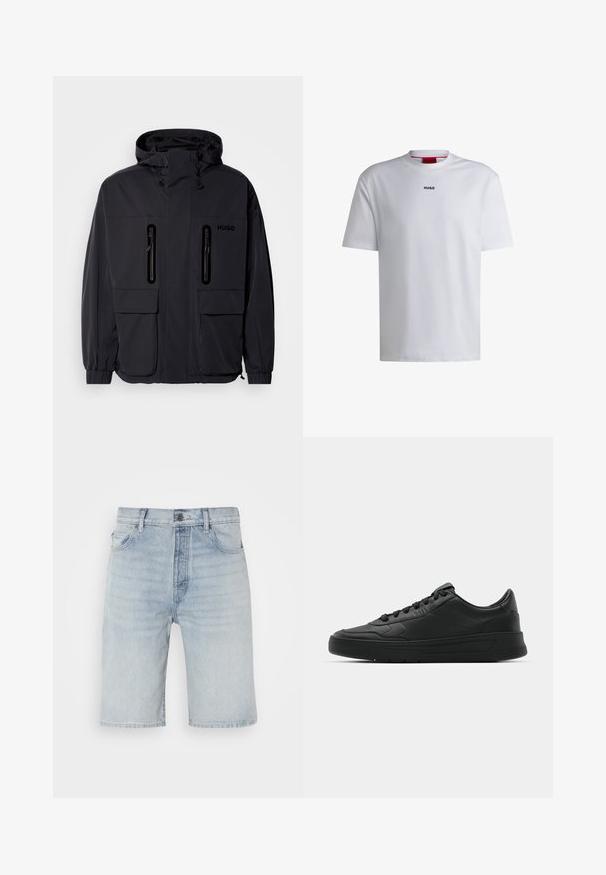 Juodas vandeniui atsparus džemperis su kapišonu, dviem užtrauktukais uždaromomis krūtinės kišenėmis ir elastingais rankogaliais. Išsiskiria minimalistiniu dizainu ir "HUGO" prekės ženklo žyme.; Balta medvilninė t-shirt su trumpomis rankovėmis, apvaliu iškirpimu ir juodu "HUGO" logotipu krūtinėje. Lygus paviršius, laisvas kirpimas, be raštų.; Šviesiai mėlyni džinsiniai šortai su tiesiu kirpimu. Turi mygtukų užsegimą, penkias kišenes ir subtilų audinio pagnybimą.; Juodi sportiniai batai su lygia odine viršutine dalimi, apvaliu pirštu, plokščiomis raišteliais, pagaminta su paminkštinta apykakle ir minimalizmo dizainu. Guma padais su subtilia protektoriaus raštu.