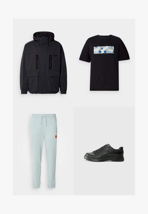 Melna ūdensnecaurlaidīga jaka ar kapuci, divām kabatām ar rāvējslēdzēju krūšu augšdaļā un elastīgām aprocēm. Ievēro minimālistisku dizainu un "HUGO" zīmolu.; Melna kokvilnas t-krekls ar taisnstūra grafiku zilos un krēma toņos, kas rotāts ar aploka rakstiem un zīmējumiem, paredzēts brīvai piegrieztei.; HUGO DOAK - Treniņtērpa apakšdaļas - open grey; Melnas ādas sporta kedas ar teksturētu virsu, mīkstinātu apmalu un sarkanu logotipa detaļu. Iezīmējas ar biezu gumijas zoli ar izteiktu rakstu.