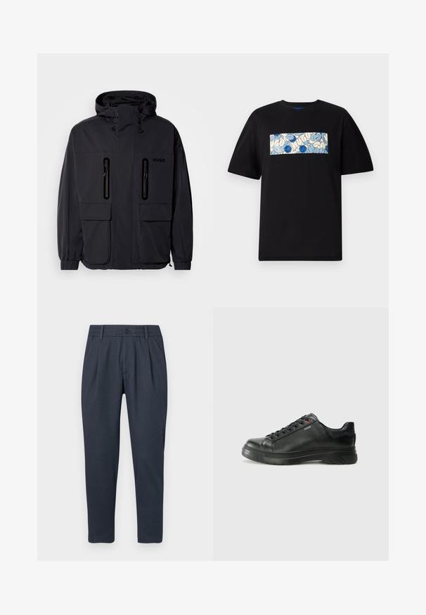 Casaco impermeável preto com capuz, duas bolsas de peito com fecho éclair e punhos elásticos. Apresenta um design minimalista e a marca "HUGO".; T-shirt de algodão preta com um gráfico retangular em azul e creme, adornado com padrões circulares e rabiscos, concebido para um ajuste confortável.; Calças azul escuro com um tecido texturizado, frente lisa e design de perna ajustada. Apresenta um fecho de botão e bolsos laterais.; Sapatilha preta em couro com parte superior texturizada, colarinho acolchoado e detalhe do logótipo vermelho. Apresenta uma sola de borracha espessa com padrão de pisada distinto.