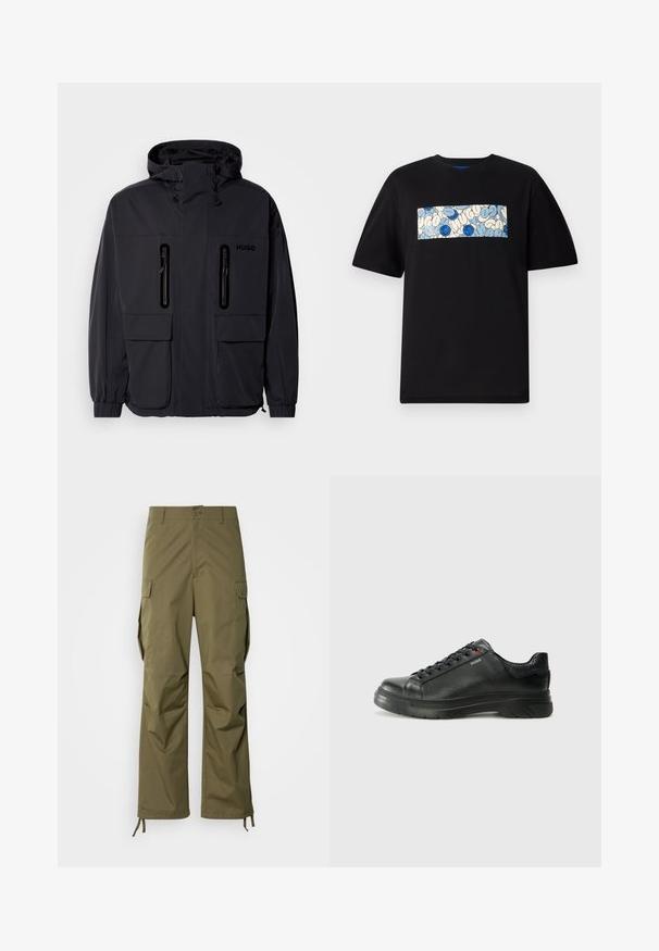 Melna ūdensnecaurlaidīga jaka ar kapuci, divām kabatām ar rāvējslēdzēju krūšu augšdaļā un elastīgām aprocēm. Ievēro minimālistisku dizainu un "HUGO" zīmolu.; Melna kokvilnas t-krekls ar taisnstūra grafiku zilos un krēma toņos, kas rotāts ar aploka rakstiem un zīmējumiem, paredzēts brīvai piegrieztei.; Olivza zaļa cargo bikses, kas izgatavotas no izturīga auduma, ar taisnu kāju dizainu, sānu kabatām un regulējamiem potīšu saitēm.; Melnas ādas sporta kedas ar teksturētu virsu, mīkstinātu apmalu un sarkanu logotipa detaļu. Iezīmējas ar biezu gumijas zoli ar izteiktu rakstu.