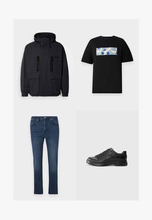 Musta vedenpitävä takki hupulla, jossa on kaksi vetoketjullista rintataskua ja elastiset hihansuut. Ominaisuuksina minimalistinen muotoilu ja "HUGO" -brändäys.; Mustat puuvillateepaidat, joissa on suorakaiteen muotoinen grafiikka sinisen ja kermaisen värin sävyissä, ympyräkuvioita ja doodleja. Suunniteltu rentoon istuvuuteen.; Tummansiniset slim-fit farkut, joissa on etutaskut ja kolikoille tarkoitettu tasku, nappikiinnitys ja hienovarainen haalistuminen reisissä.; Musta nahkakengät, joissa on teksturoidun pinnan, pehmustettu kaulus ja punainen logo. Kengissä on paksu kumipohja, jossa on selkeä uramalli.