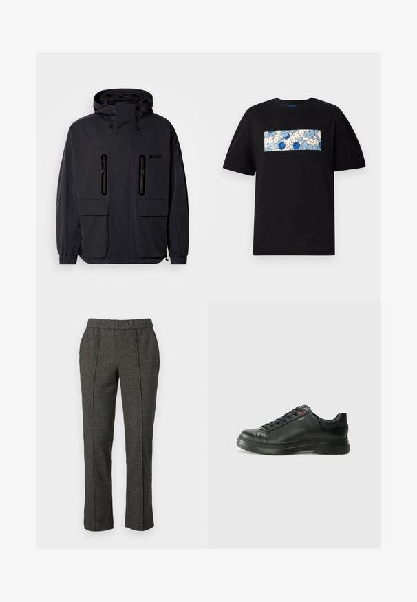 Svart vanntett jakke med hette, to glidelåslommer på brystet og elastiske mansjetter. Har et minimalistisk design og "HUGO"-merke.; Svart bomull t-skjorte med et rektangulært grafisk element i blått og kremfarge, med sirkulære mønstre og doodles, designet for en avslappet passform.; Grå skreddersydde bukser med teksturert stoff, som har elastisk midje, rett ben og detaljer med pressfold foran.; Svarte lærsneakers med teksturert overdel, polstret krage og rød logodetalj. Har en tykk gummisåle med tydelig mønster.
