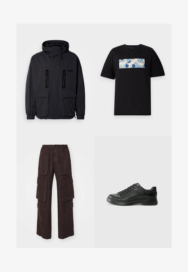 Black waterproof jacket with a hood, two zippered chest pockets, and elastic cuffs. Features minimalistic design and "HUGO" branding.; Black cotton t-shirt featuring a rectangular graphic in blue and cream with circular patterns and doodles, designed for a relaxed fit.; Brown cargo pants featuring a wide-leg design, multiple large pockets, elastic waistband, and a soft, textured fabric.; Black leather sneaker with textured upper, padded collar, and red logo detail. Features a thick rubber sole with distinct tread pattern.