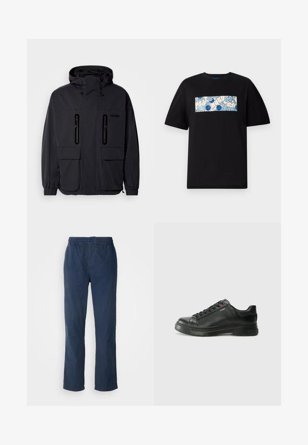 Zwarte waterdichte jas met een capuchon, twee ritszakken op de borst en elastische manchetten. Heeft een minimalistisch ontwerp en "HUGO" branding.; Zwarte katoenen t-shirt met een rechthoekige grafiek in blauw en crèmekleur met cirkelvormige patronen en krabbels, ontworpen voor een relaxte pasvorm.; Marineblauwe broek met een elastische tailleband en knoopsluiting, recht afgesneden ontwerp, gemaakt van lichte, gladde stof, zonder zichtbare patronen.; Zwarte leren sneaker met een gestructureerde bovenkant, gevoerde kraag en rode logo-details. Heeft een dikke rubberen zool met een opvallend loopvlakpatroon.