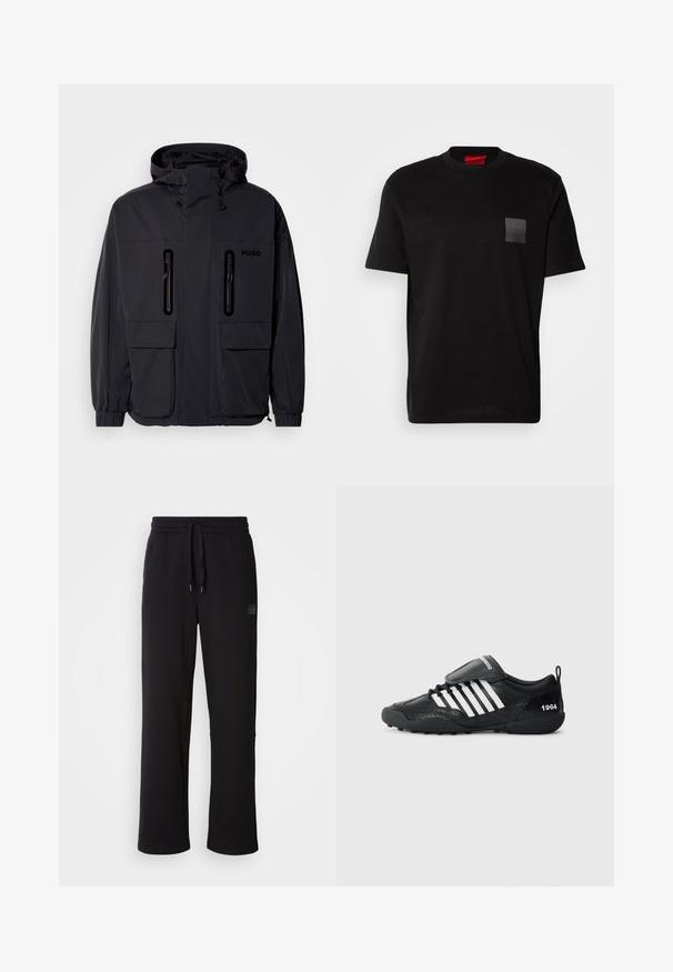 Must have veekindel, kapuutsiga must jakk, kus on kaks tõmblukuga rinna-taskut ja elastsed mansetid. Omab minimalistlikku disaini ja "HUGO" brändimist.; Must musta T-särk, millel on ümmargune kaelus, vasakul rinnal on tekstuuriga must päts logoga. Lühikesed varrukad ja lõdva lõikega.; Mustad mustad püksid, mis on valmistatud pehmest kangast, millel on nööriga vöökoht, sirged sääred ja diskreetne brändi logo küljes.; Mustad mustus spordi king, millel on tekstuuriga ülemine osa, valged triibud, pehmendatud kaelus ja must kummist tald. Omab tõmbelementi ja detaili "1964".