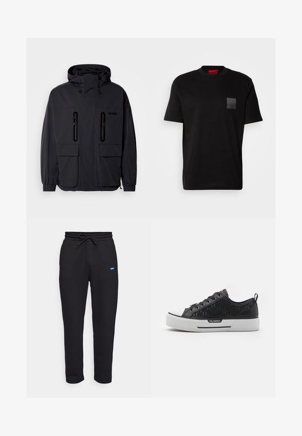 Black waterproof jacket with a hood, two zippered chest pockets, and elastic cuffs. Features minimalistic design and "HUGO" branding.; Black cotton T-shirt with a crew neck, featuring a textured black patch with logo on the left chest. Short sleeves and relaxed fit.; HUGO NANETTI - Tracksuit bottoms - black; Black low-top sneaker with patterned canvas upper, white rubber toe cap, textured sole, and logo accent on the side. Metal eyelets for laces.