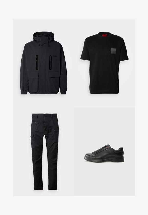 Černá voděodolná bunda s kapucí, dvěma zipovými kapsami na hrudi a elastickými manžetami. Vyznačuje se minimalistickým designem a značkovým logem "HUGO".; Černé bavlněné tričko s kulatým výstřihem, na přední části s texturovaným černým nášivkem loga na levé hrudi. Krátké rukávy a volný střih.; Černé cargo kalhoty vyrobené z odolné tkaniny, s několika kapsami, knoflíkovým zapínáním a rovnými nohavicemi. Hladký povrch a matný vzhled.; Černé kožené tenisky s texturovaným svrškem, polstrovaným límcem a červeným logem. Disponují tlustou gumovou podrážkou s výrazným vzorem.