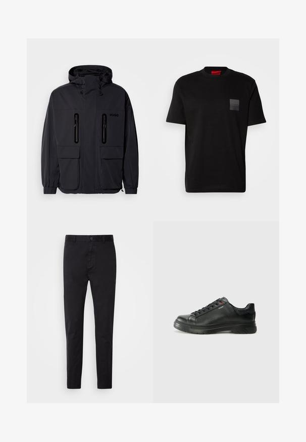 Sort vandtæt jakke med hætte, to lynlås-lommer på brystet og elastiske manchetter. Har et minimalistisk design og "HUGO" branding.; Sort bomulds T-shirt med rund hals, prydet med en struktureret sort lap med logo på venstre bryst. Korte ærmer og afslappet pasform.; Sort chinos med en glat overflade, knaplukning og tætsiddende design. Ideel til afslappet eller semi-formelt tøj.; Sorte lædersneakers med tekstureret overdel, polstret krave og rødt logo-detajle. Har en tyk gummisål med tydeligt mønster.