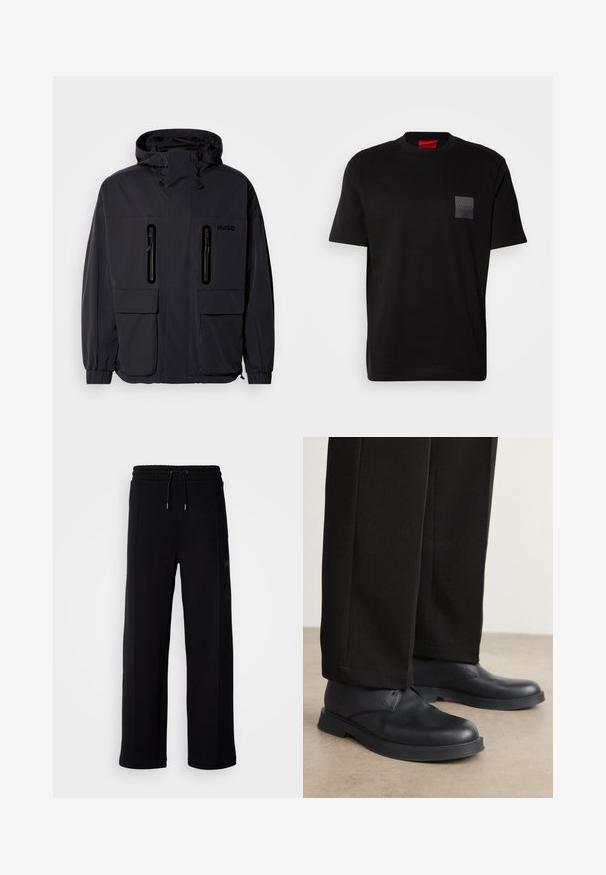 Sort vandtæt jakke med hætte, to lynlås-lommer på brystet og elastiske manchetter. Har et minimalistisk design og "HUGO" branding.; Sort bomulds T-shirt med rund hals, prydet med en struktureret sort lap med logo på venstre bryst. Korte ærmer og afslappet pasform.; Sorte sweatpants lavet af blødt stof, med et bredt ben-design, elastisk talje med snor og sidelommer. Minimalistisk brandingdetalje.; Sorte lædersko med rund tå, flad sål og minimal udsmykning. Sammen med skræddersyede sorte bukser, der viser en glat tekstur.